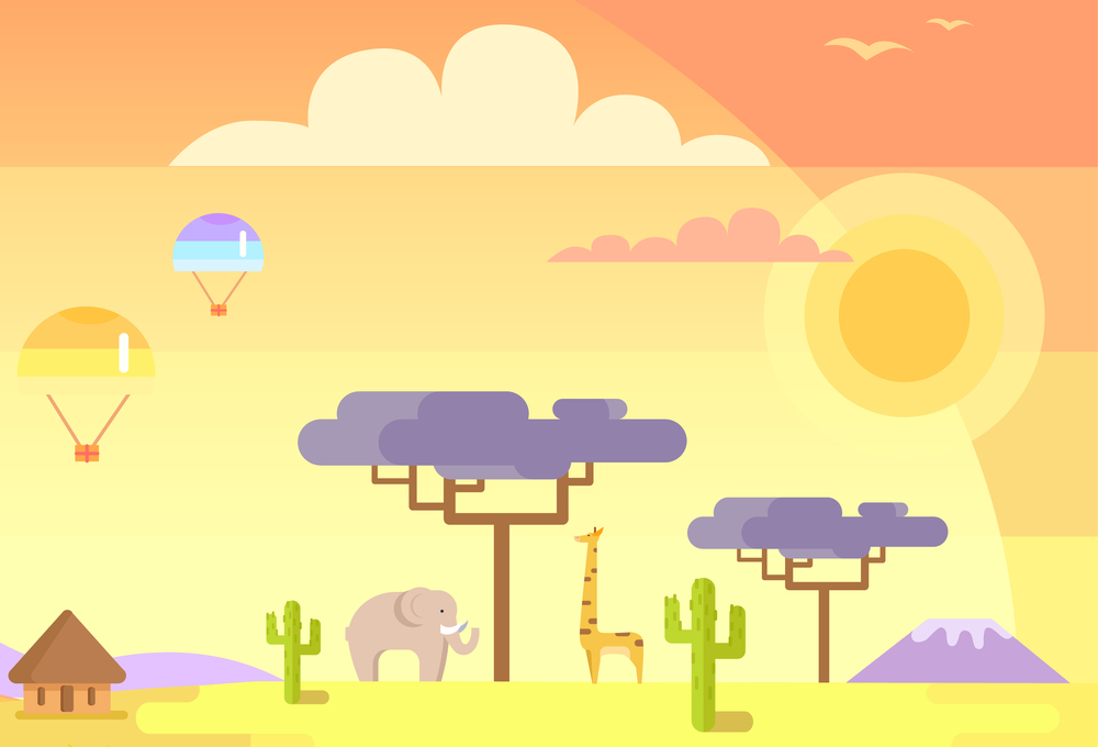 African landscape with tall trees, green cactuses, big giraffe, grey elephant, small house, calm volcano and parachutes in sky vector illustration.. African Landscape with Animals and Specific Plants