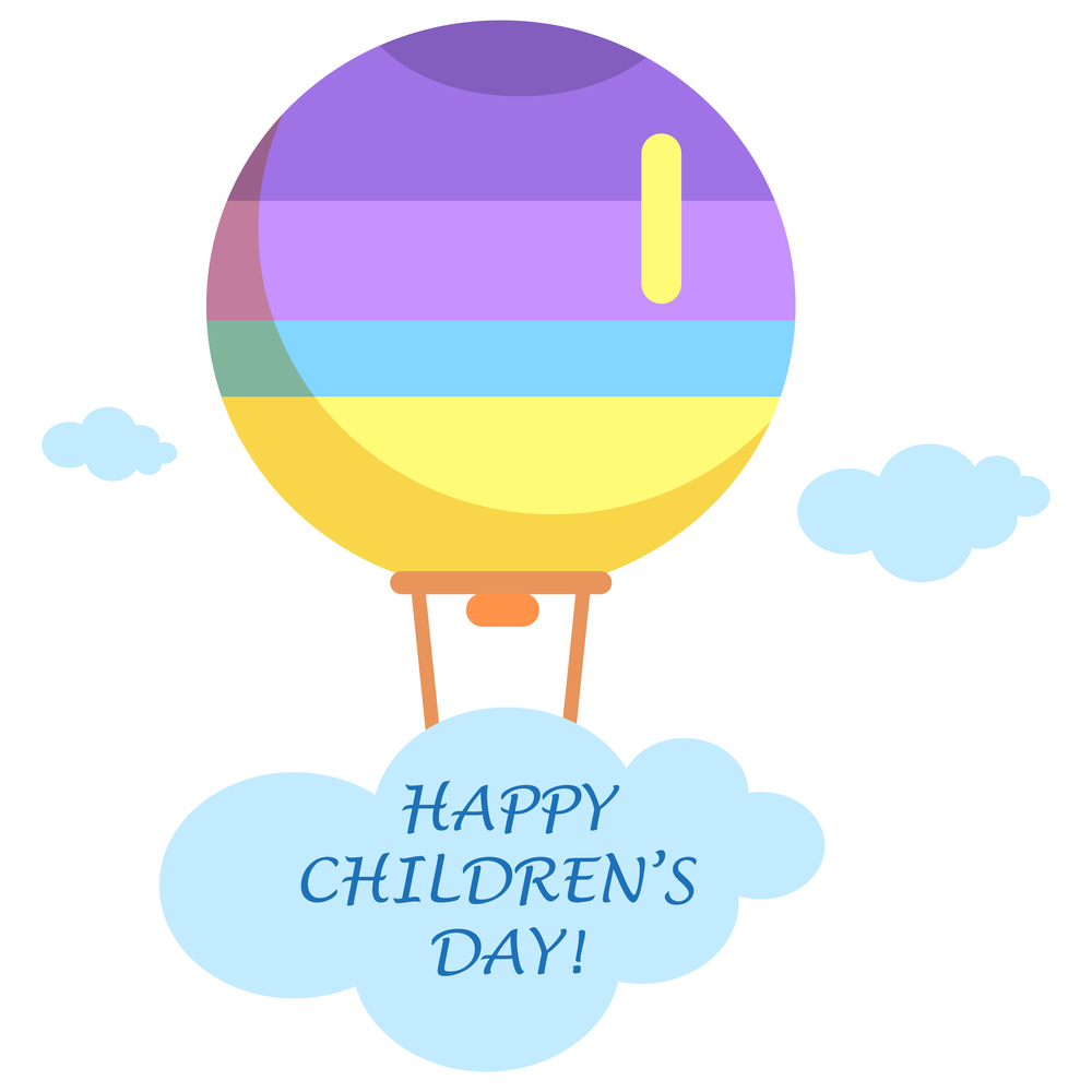 Happy Childrens Day poster with striped air balloon in sky among blue clouds and with sign isolated vector illustration on white background.. Happy Childrens Day Poster with Bright Air Balloon