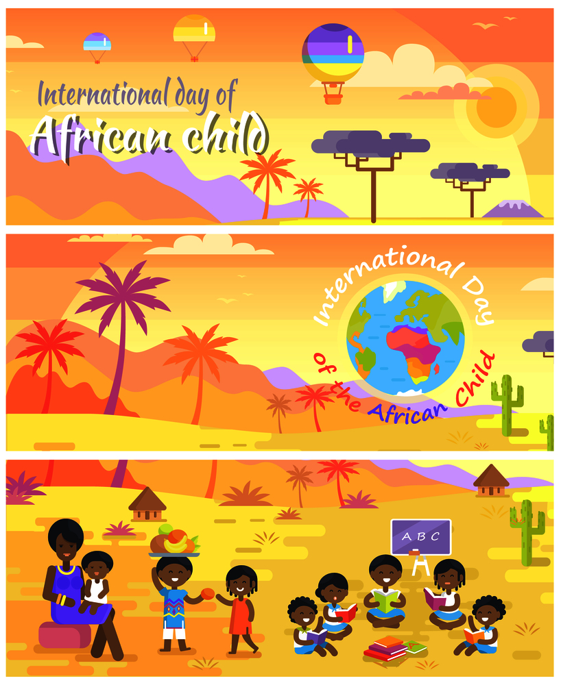 International Day of African Child set. Landscapes with palms and baobabs. Mother and children who share fruits and read books vector illustrations.. International Day of African Child Posters Set