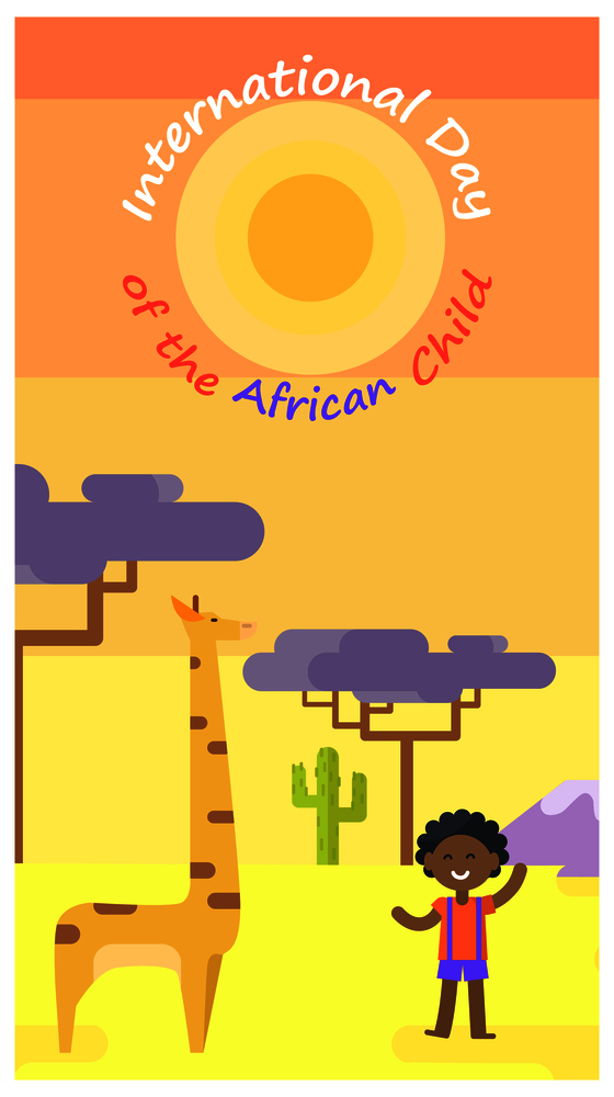 International Day of African Child poster with tall giraffe, little boy and baobab trees on background vector illustration.. International African Child Day Cartoon Poster