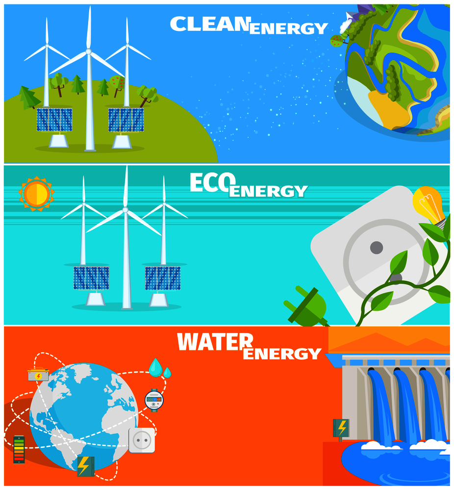 Clean eco water and wind energy vector illustrations. Natural ways to obtain energy from Earth resources without pollution.. Clean Eco Water and Wind Energy Illustrations Set