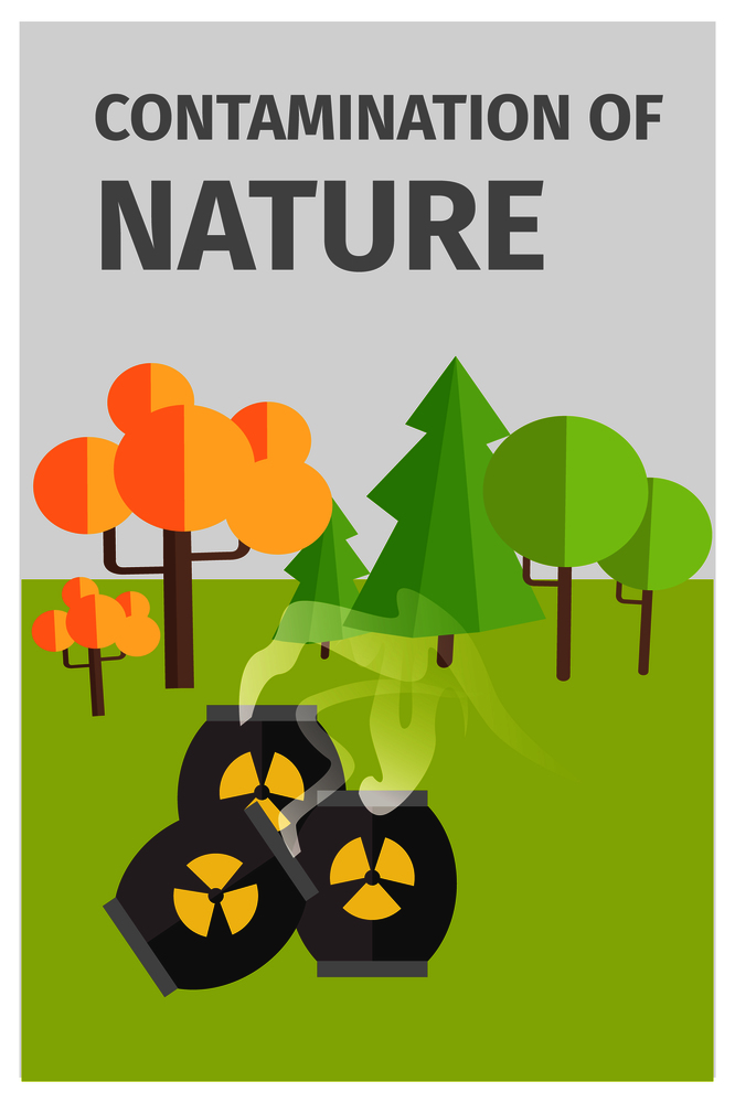 Contamination of nature in forest with barrels of chemicals. Vector colorful illustration of wood with damaged and green trees. Contamination of Nature in Forest with Chemicals