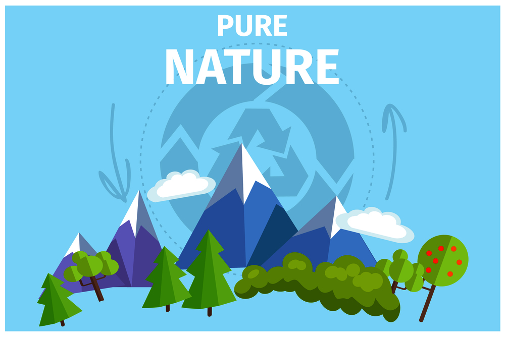 Pure nature with green trees and snowy mountains against blue background with recycling silhouette sign. Clean environment vector illustration. Pure Nature with Green Trees and Snowy Mountains