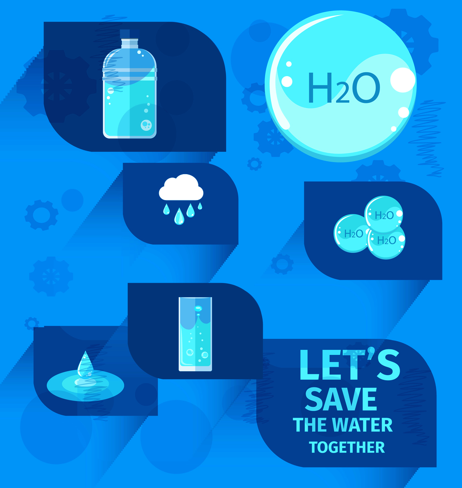 Lets save water together agitation placard with water in bottle, H2O drop, glass and puddle on blue background vector illustration.. Lets Save Water Together Eco Agitation Placard