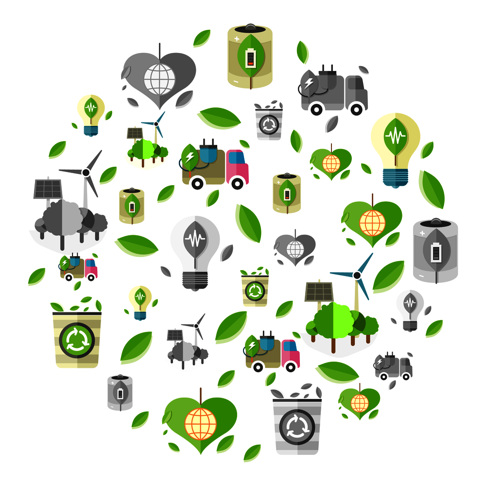 Clean energy symbols such as electro car, eco battery, energy-saving bulb and bin for recycling formed in circle vector illustration.. Clean Energy Symbols Formed in Circle Illustration