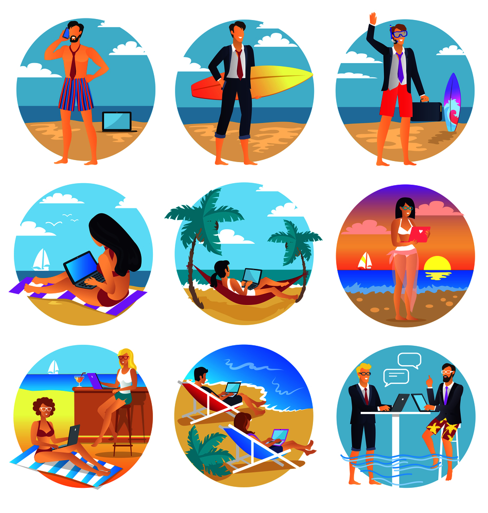 People who wear half office suits and half swimsuits work with modern devices on beach during vacation round vector illustrations set.. People Work on Summertime Round Illustrations Set