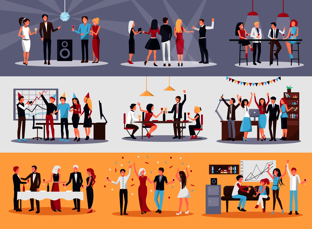 Corporate parties vector illustrations set. People drink alcohol, dance, throw confetti, chat with each other and celebrate successful work.. Corporate Parties Illustrations Set