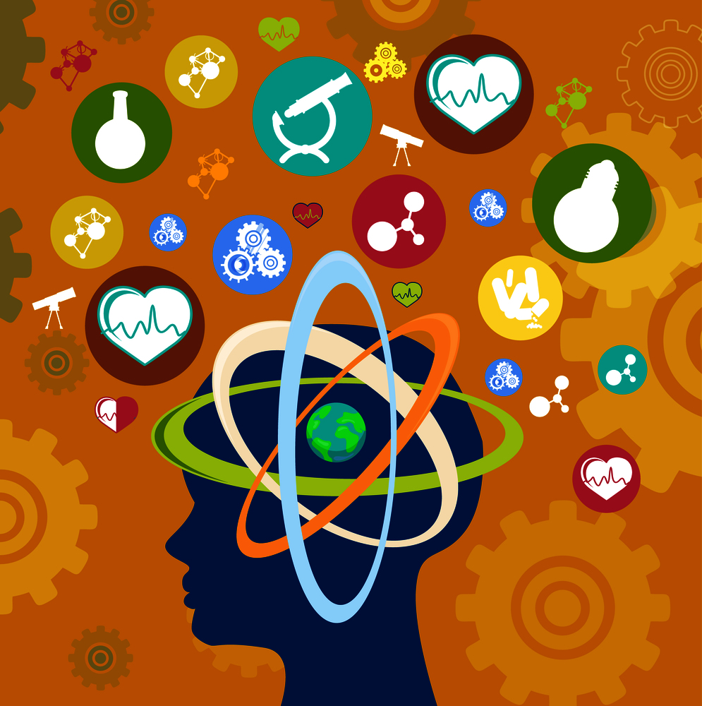 Vector illustration of icons depicting achievements in science and technology above head which denotes human intelligence. Set of Icons Depicting Human Inventions