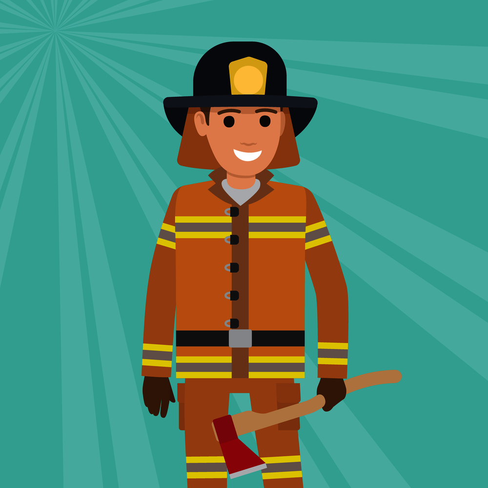 Firefighter in uniform with wooden axe vector illustration. Fireman in safety protective costume in hat with emblem and professional equipment. Firefighter in Uniform with Wooden Axe Vector