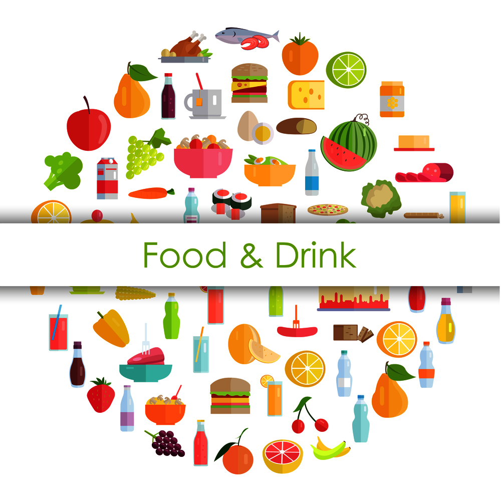 Food and drinks round banner with different meals and beverages vector illustration in flat style. Grocery products, refreshing drink, organic fruits and vegetables formed in circle. Tasty Food, Grocery Products and Refreshing Drinks
