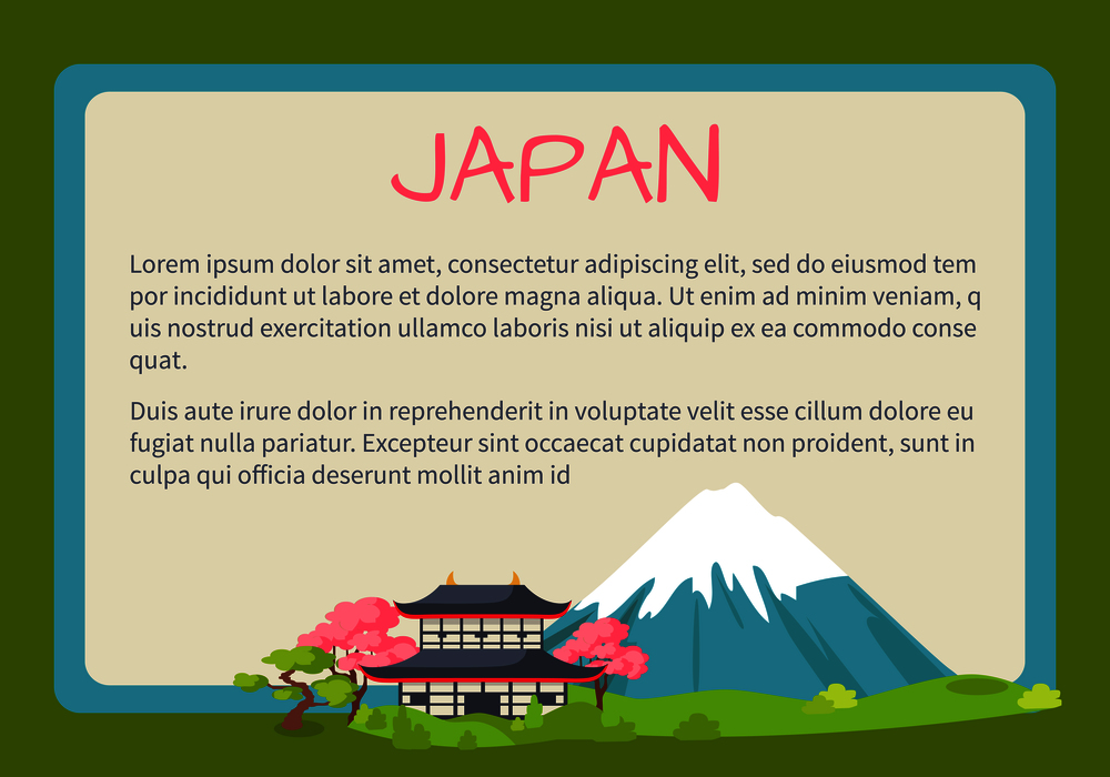 Japan framed touristic banner with national symbols and sample text. Pagoda in cherry blossom near Fuji Mount flat vector illustration. Vacation in asian country concept for travel company ad