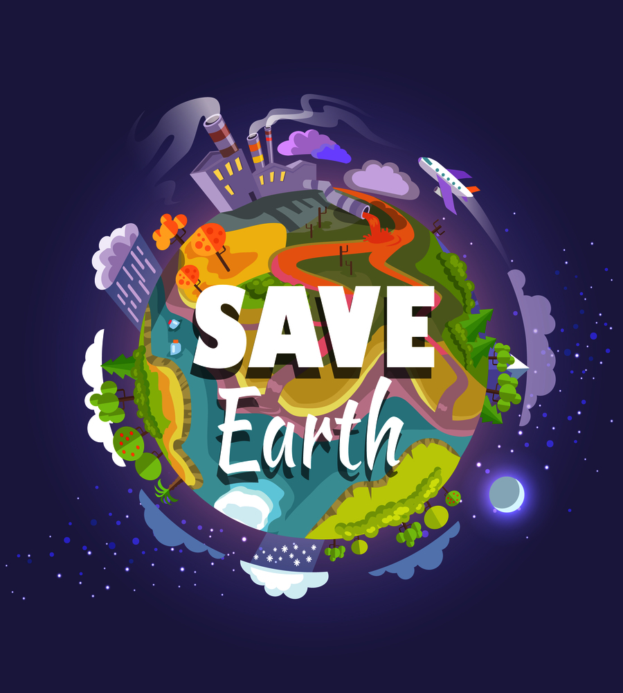 Save Earth agitation poster with planet with trees and buildings out in space, plane that flies by and moon vector illustration.. Save Earth Agitation Poster with Planet Space View