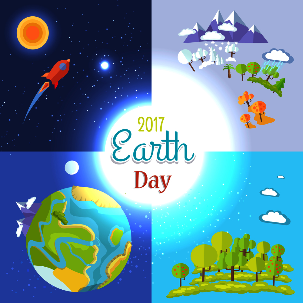2017 Earth day posters set traveling to Moon, mountains and trees icons, clean environment, saving planet clean concept vector illustrations set.. 2017 Earth Day Posters Set Traveling to Moon