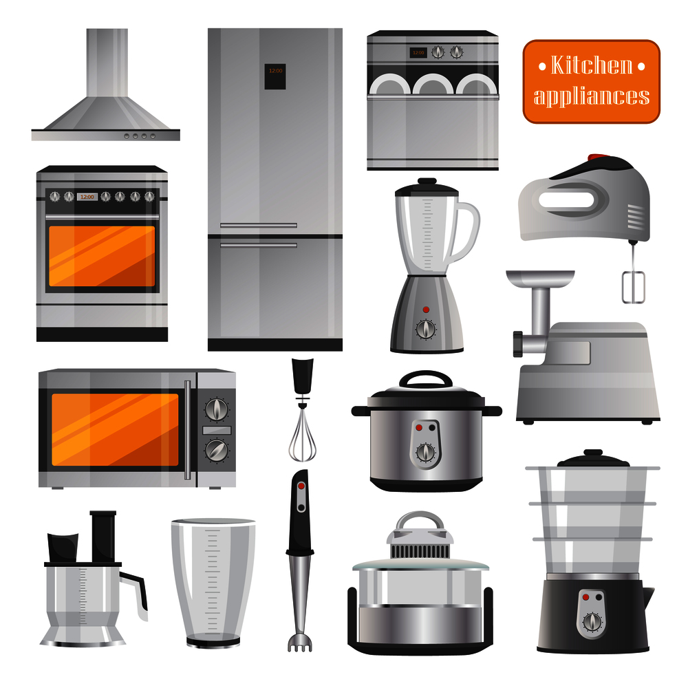 Kitchen appliances that can bake, heat meals, blend substances, mince meet, keep products fresh and mix ingredients vector illustrations.. Kitchen Electric Appliances Big Illustrations Set