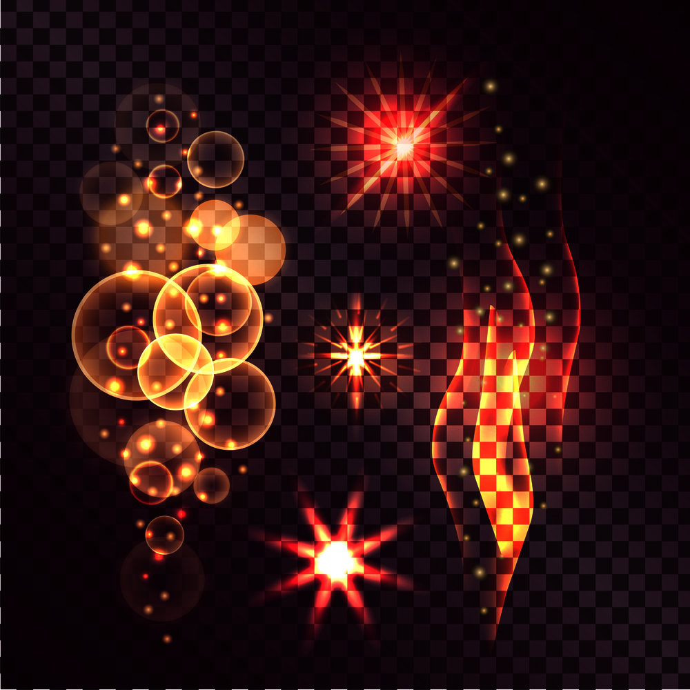 Vector illustration of fading star, multiplied circles and burning radiance. Concept of twinkle actions on transparent background.. Set of Twinkle Actions on Transparent Background
