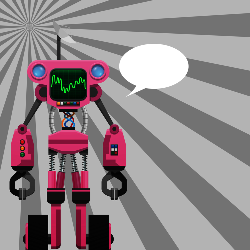 Pink robot with pincers on arms and wheels on legs, helmet monitor and speech buble vector illustration isolated, hi-tech machine. Pink Robot with Pincers on Arms and Wheels on Legs