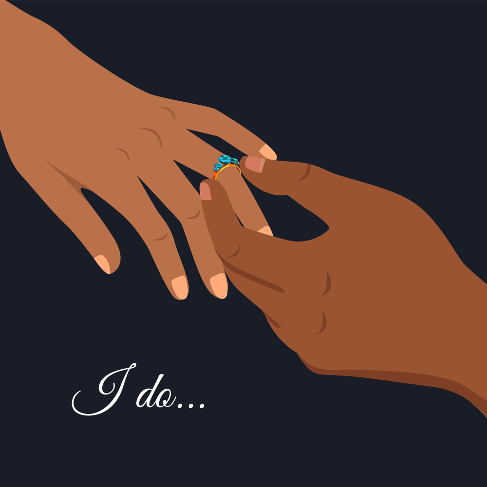 I Do italics sign and mans hand puts gold engagement ring with turquoise gems on womans isolated vector illustration on dark background.. I Do Sign and Engagement Process Illustration