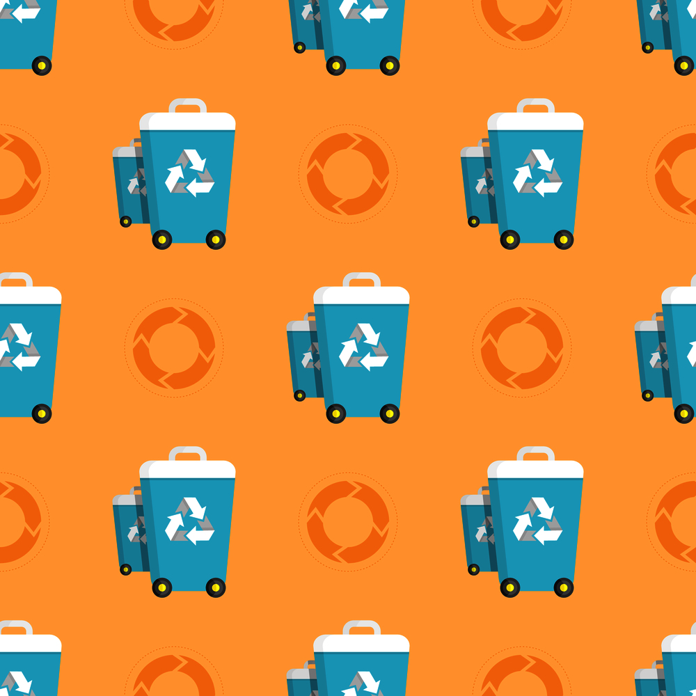 Seamless pattern with trash cans and recycling circles graphics of recycled waste process vector illustration. Clean environment protection concept wallpaper design. Seamless Pattern with Trash Cans and Recycling Circles