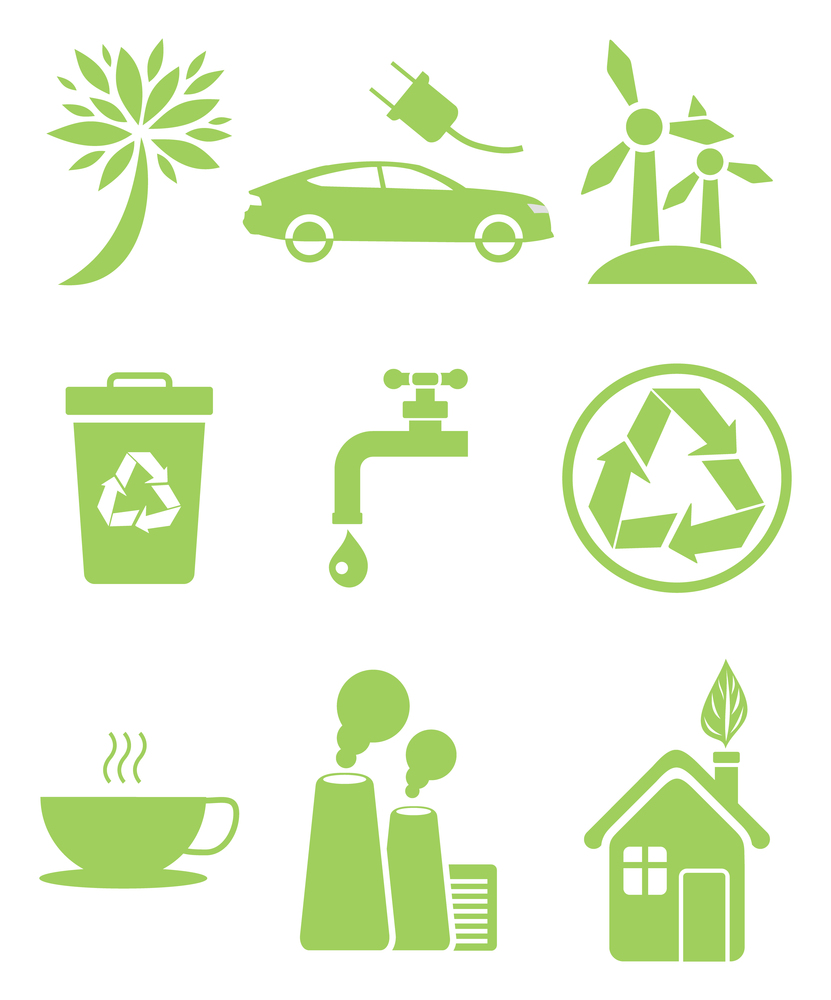Set of icons in clean environment concept. Electrocar sign, windmill recycling sign, air pollution, saving of fresh water and stop smog symbols. Recycling Agitation, Stop Pollution, Water Economy