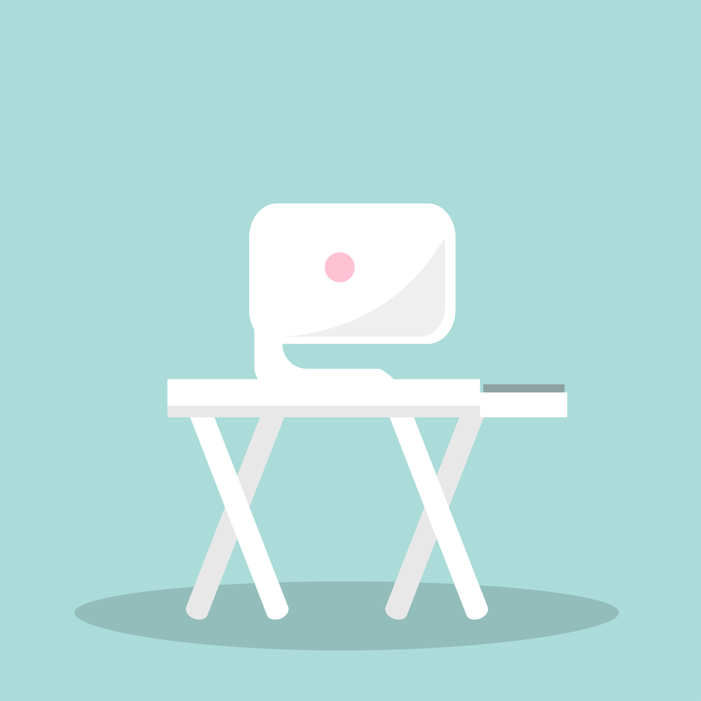 White monitor with pink round sign back on wood table with crossed legs. Vector illustration isolated on blue flat design of office interior object. White Monitor on Wood Table with Crossed Legs