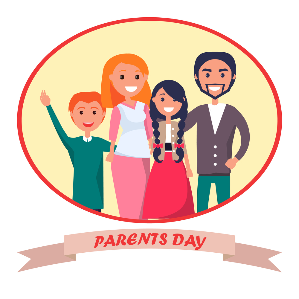 Poster devoted to parents&rsquo; day vector illustration of family including father, mother, teenage son, adolescent daughter with inscription beneath in round frame. Poster Devoted to Parents&rsquo; Day Celebration