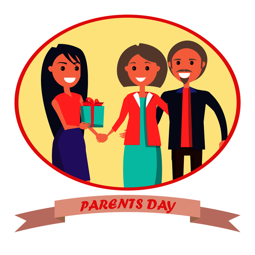 Parents&rsquo; Day banner showing happy family in round circle with inscription underneath. Vector illustration of adult daughter giving her mother and father present. Parents&rsquo; Day Banner Showing Happy Family
