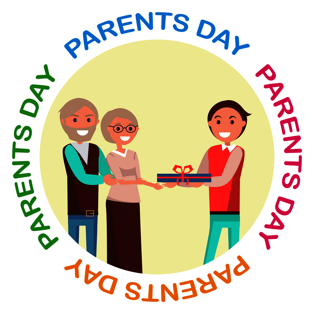 Parents` Day banner with colorful inscription. Vector illustration of cheerful son giving his middle-aged mother and father present. Parents&rsquo; Day Banner with Colorful Inscription