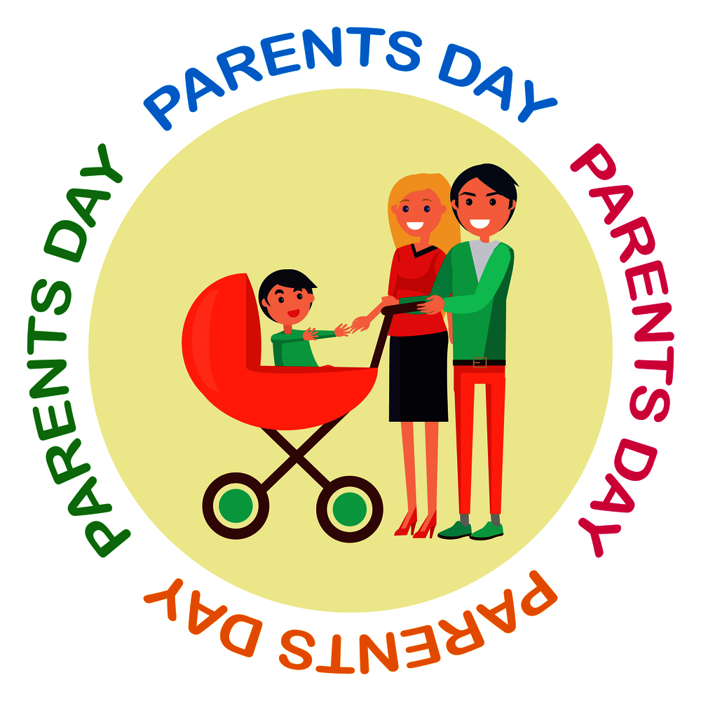 Poster with Inscription Dedicated to Parents&rsquo; Day. Vector illustration of happy mother and cheerful father walking with their little child. Poster with Inscription Dedicated to Parents&rsquo; Day