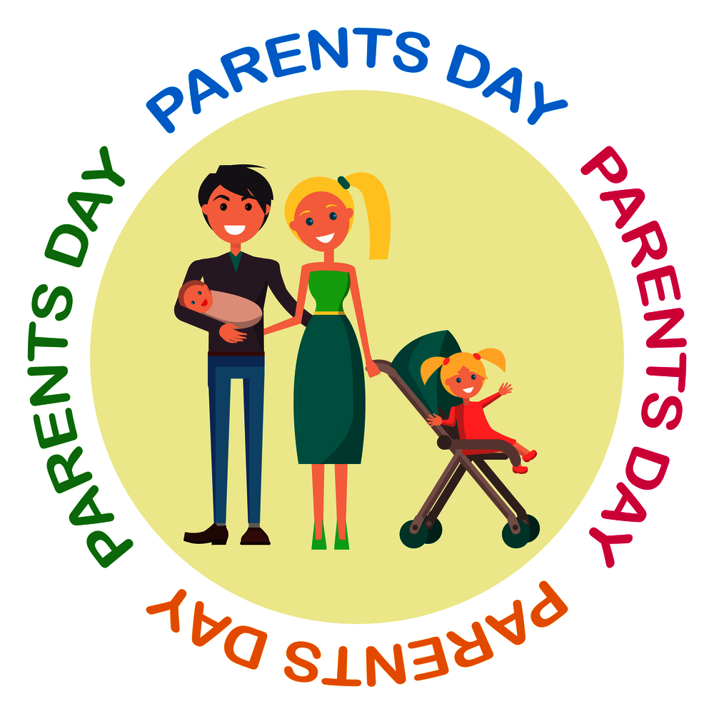 Banner devoted to parent&rsquo;s day with Inscription. Vector illustration of family including father, mother, newborn and little daughter. Banner Devoted to Parent&rsquo;s Day with Inscription