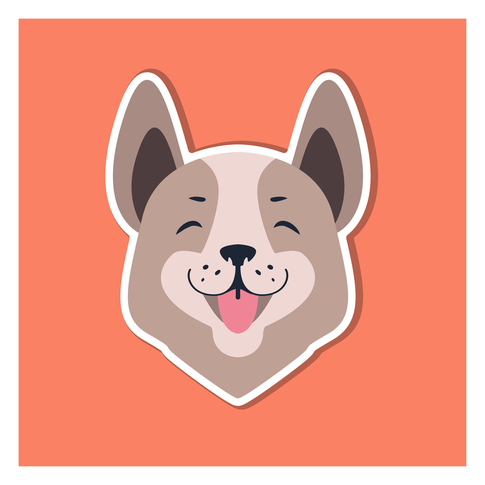 Central asian shepherd dog or Siberian husky head isolated on orange background. Smiling doggie face with pink tongue. Vector illustration of ancient breed of dog flat design. Hand drawn cartoon style. Central Asian Shepherd Dog or Siberian Husky Head