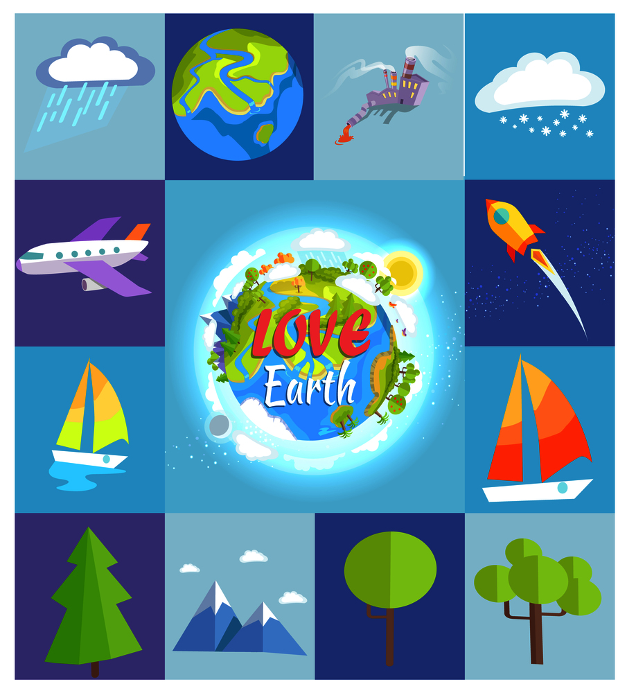 Love Earth poster made of squares with vector illustrations of rain and snow clouds, air crafts, sea crafts, green trees, high mountains, factory building and Earth.. Love Earth Poster Made of Square Illustrations