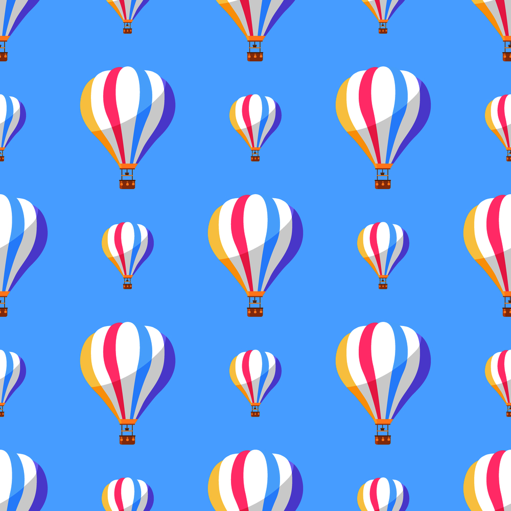 Airballoon with colorful stripes seamless pattern on blue background. Vector illustration of object for travelling by air and watching with basket. Wallpaper design with air means of transportation. Airballoon with Colorful Stripes Seamless Pattern