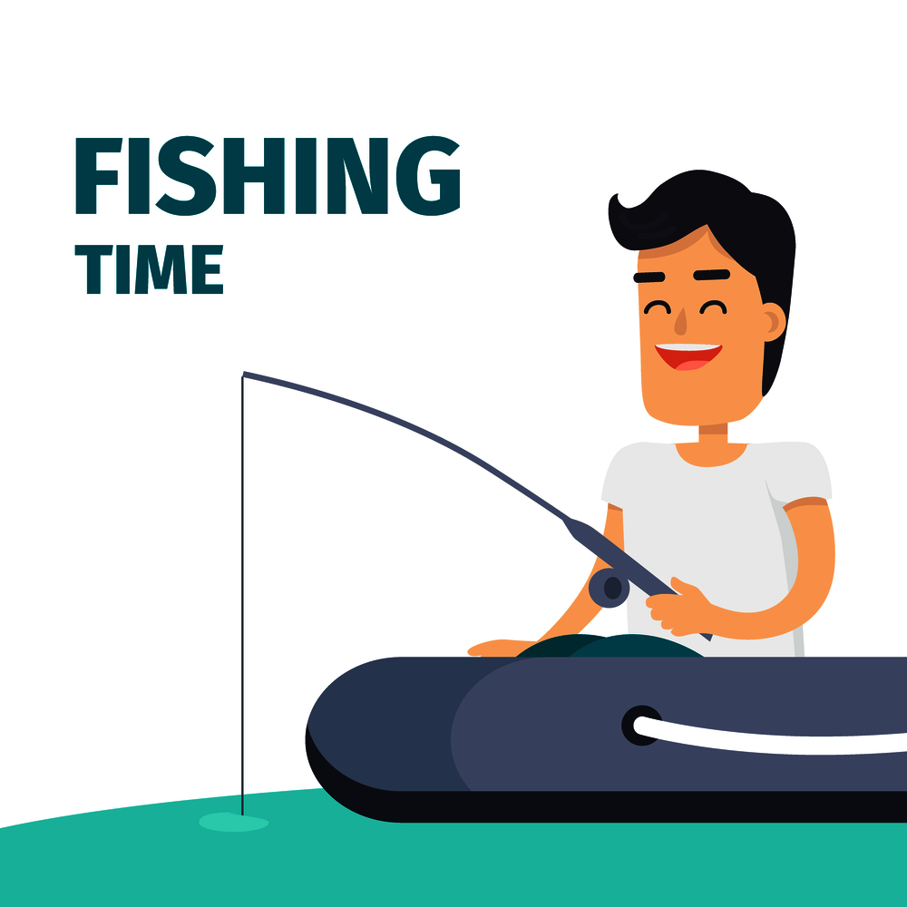 Fishing time concept with fisherman in dinghy. Happy brunette man with rod in hand, seating in floating inflatable rubber boat flat vector on white. Outdoor leisure or recreational hobby illustration