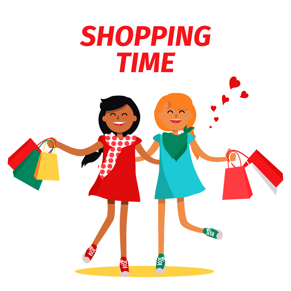 Shopping time with friend concept. Two cheerful girl characters with colorful shopping bags flat vector on white background. Happy girlfriends making purchases together cartoon illustration