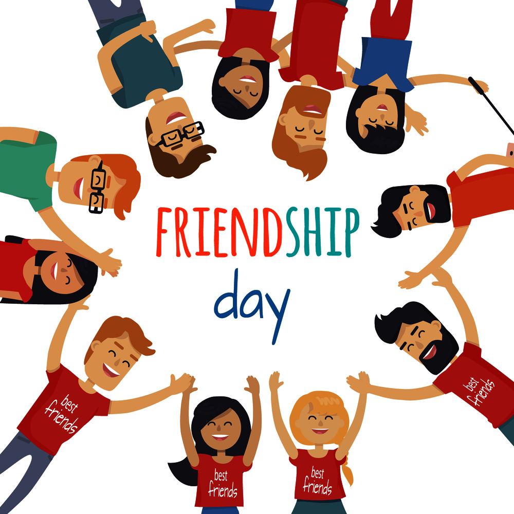 Celebrating friendship day concept. Men and women cartoon characters in circle looking down vector on white background. Happy friends together underneath view illustration for holiday greeting card