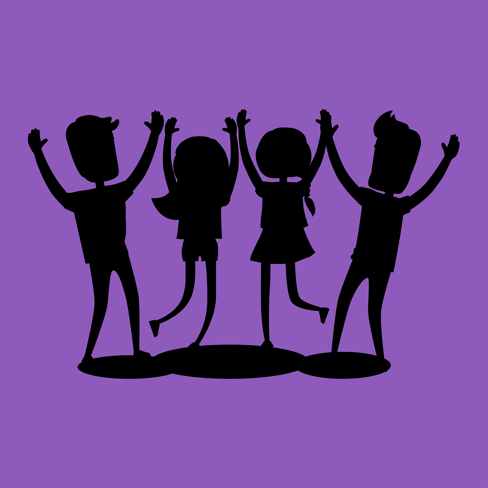 Company of friends congratulate each other holding hands up silhouettes on purple. Friendship Day celebration vector illustration. Cartoon young people in cheerful and happy mood have fun together.. Company of Friends Gives High Five Silhouette