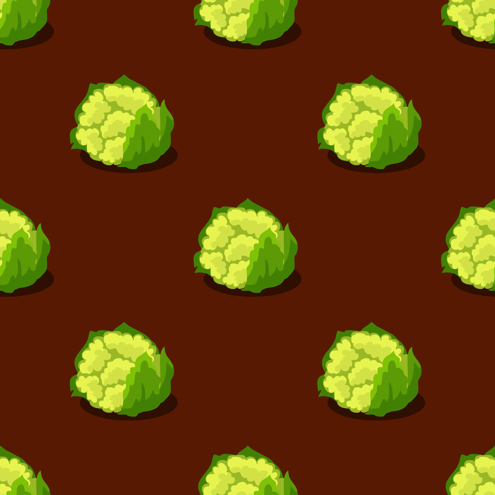 Cauliflower isolated on brown seamless pattern. Vector illustration of fresh vegetables organic plant, healthy green cabbage endless texture wallpaper design. Textile with nutritious dieting. Cauliflower Isolated on Brown Seamless Pattern