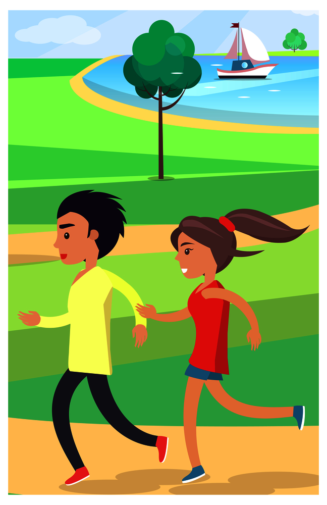 Boy and girl in sportswear jog at a park along a wide path surrounded by a green neat lawn near a pond with a white yacht vector illustration.. Boy and Girl Jog at Park along Path Near Pond