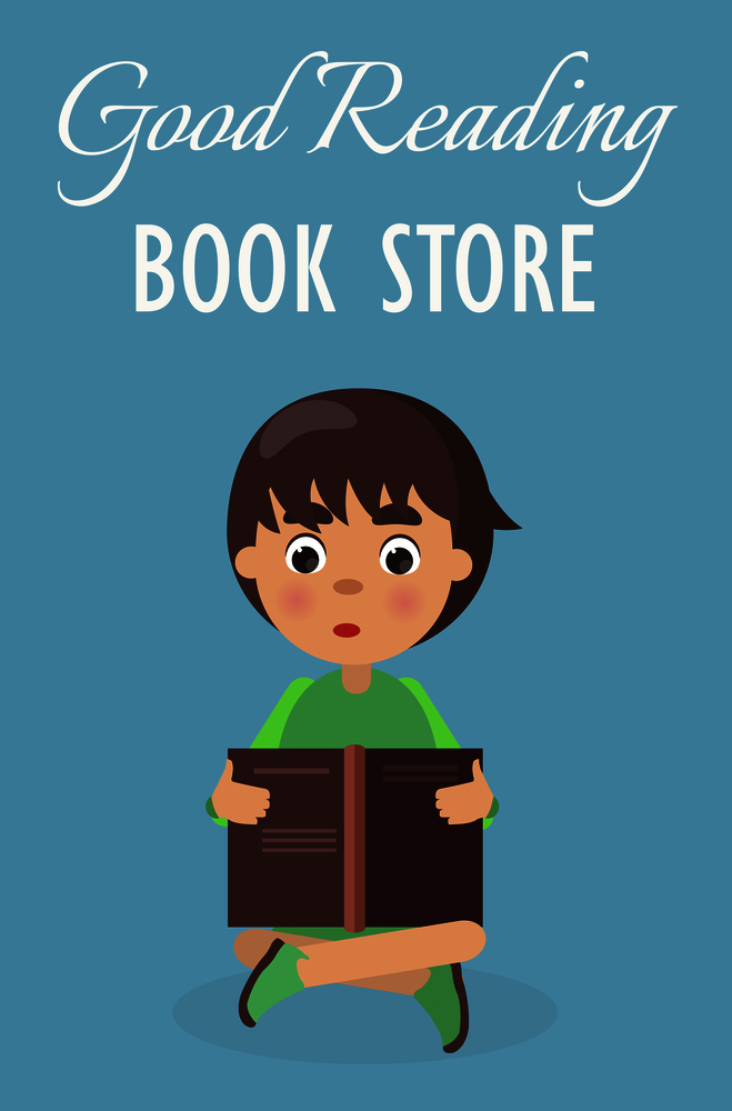 Little boy in good reading book store isolated on blue background vector illustration. Schoolboy sitting and holding dark textbook.. Little Boy in Good Reading Book Store on Blue