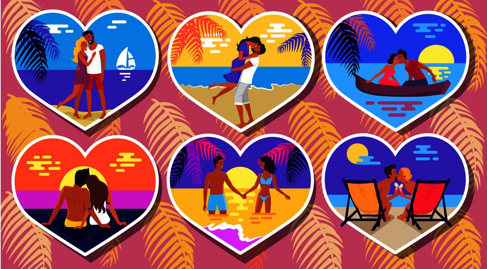Summer romance in six heart-shaped photographs vector poster with couple in love spending holidays together on beach, in water, in boat. Summer Romance in Heart-Shaped Photos Poster.