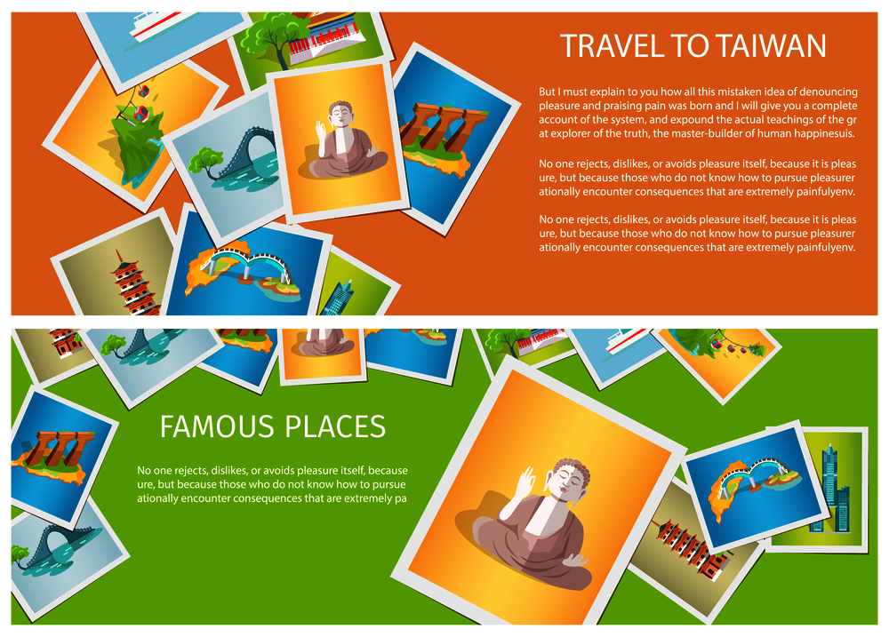 Travel to Taiwan around famous places of attraction brochure vector illustration. Historical sights and Chinese architecture.. Travel to Taiwan around Famous Places Brochure