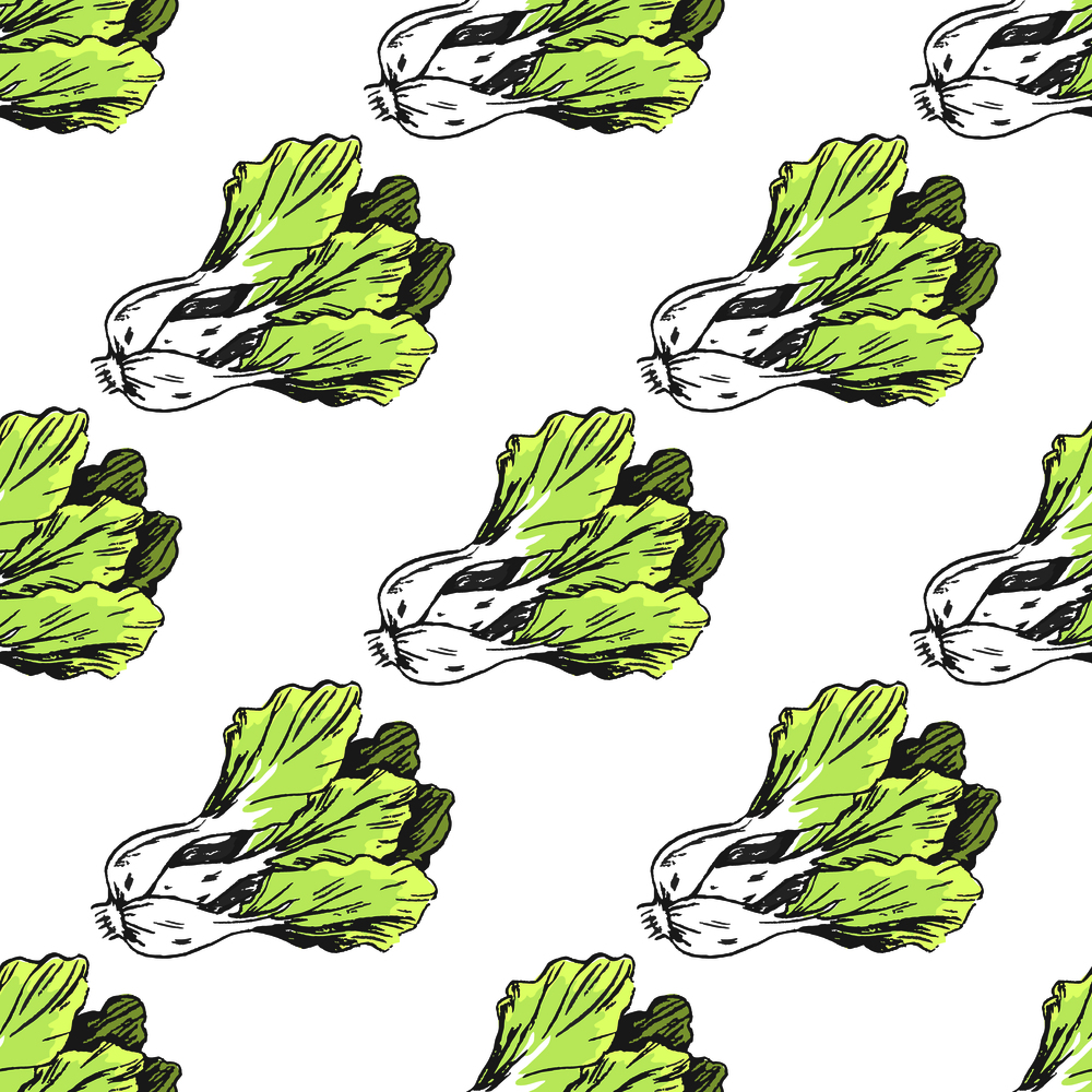 Green lettuce on white endless texture graphic vector illustration. Seamless pattern of healthy seasonal product for salads and sandwiches. Green Graphic Lettuce on White Endless Texture