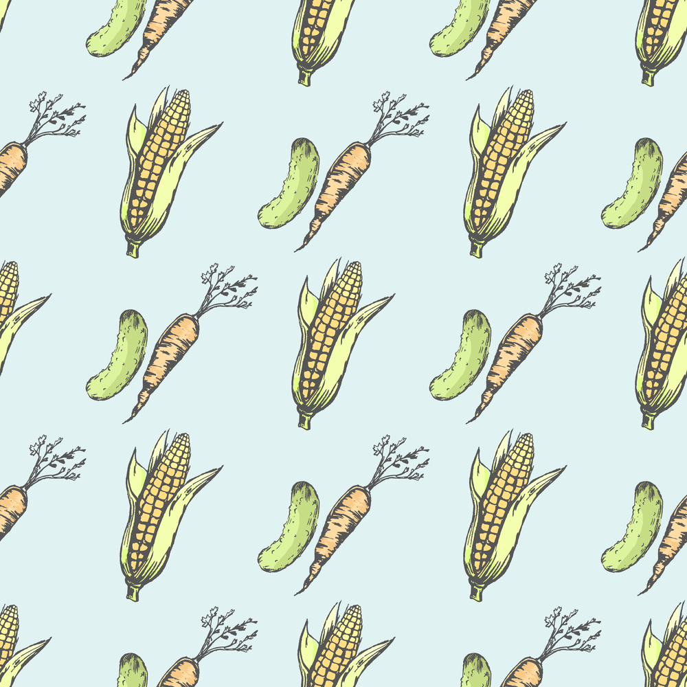 Ripe cucumber, crispy carrot and sweet corn cob inside seamless pattern. Vegetables from farm formed vector illustrations on endless texture.. Ripe Cucumber, Crispy Carrot and Sweet Corn Cob