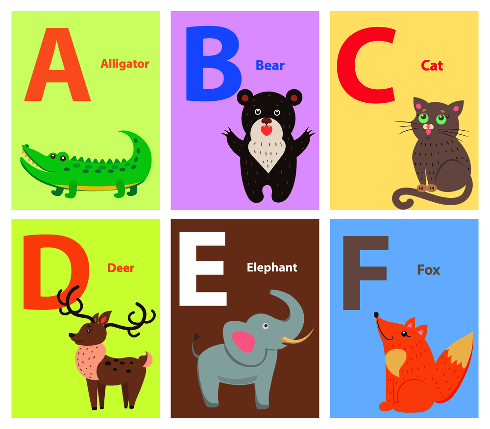 Zoo ABC english alphabet concept with latin letters and funny cartoon wild, domestic animals flat vectors on colorful backgrounds with caption for children book, textbook illustrations. Alphabet with Cute Cartoon Animal Flat Vector Set