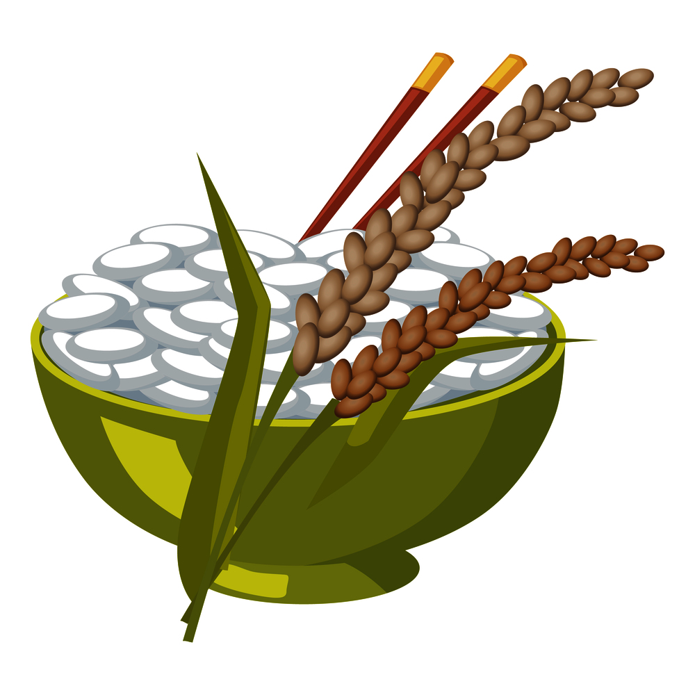 Green bowl with rice and chopsticks near its ears isolated on white. Vector illustration in flat design of healthy agricultural cereals. Green Bowl with Rice and Chopsticks near its Ears