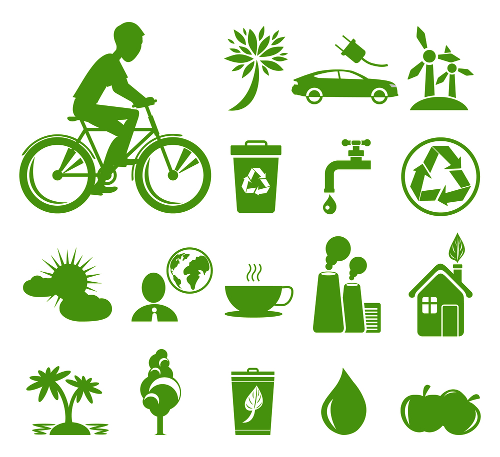 Set of green icons in clean environment concept. Vector Illustration of man riding on bike, wind mills, electro cars, organic plants. Ecology Saving and Anti Pollution Green Symbols