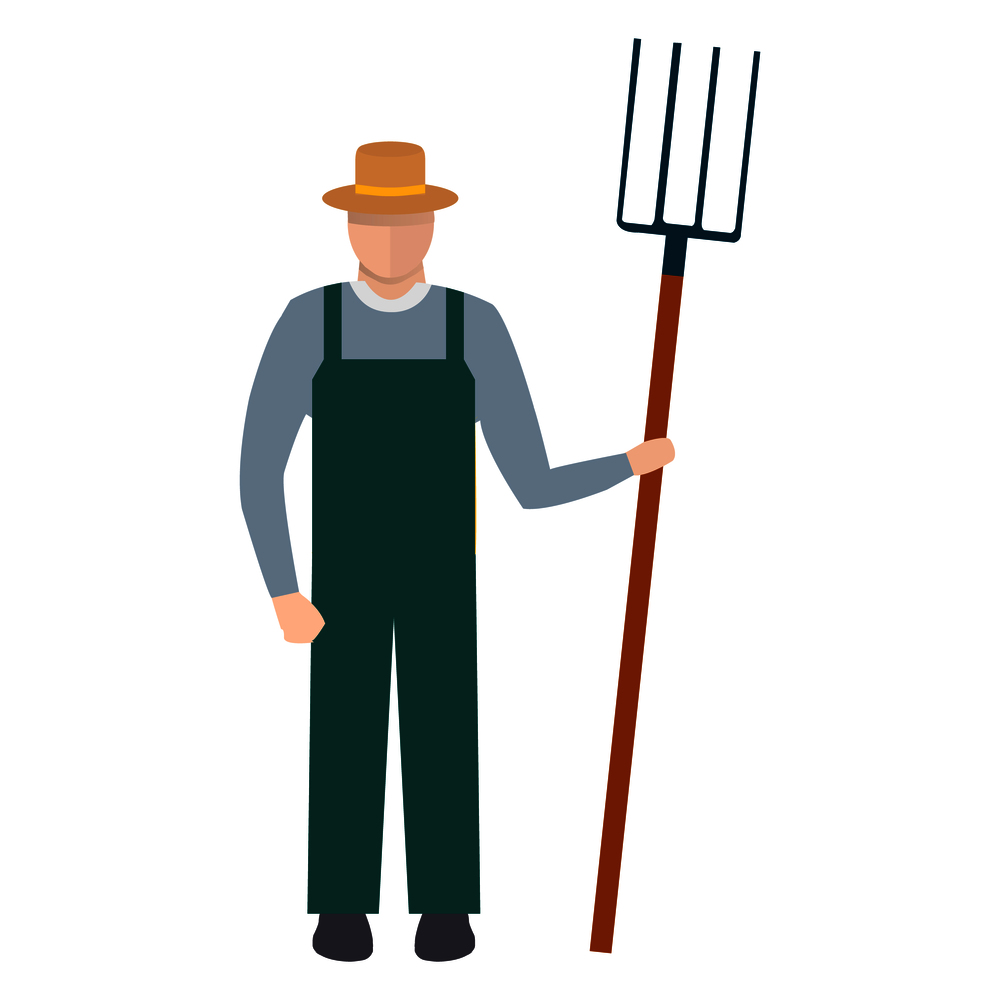 Farmer with a pitchfork in straw hat and green overalls vector illustration isolated on white background. Farm worker in flat style. Farmer with a Pitchfork in Hat and Green Overalls