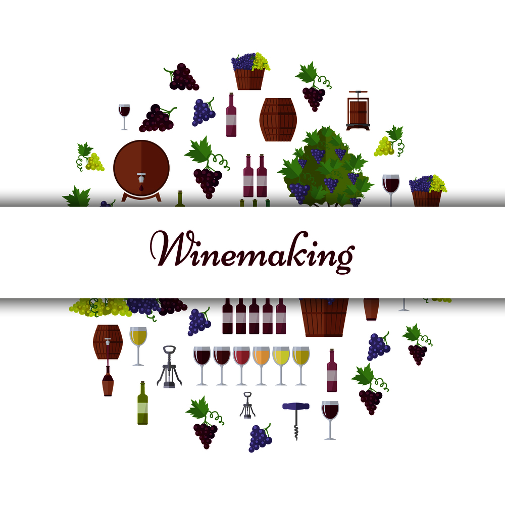 Winemaking sign on white line with wine bottles, elegant glasses, grapes bunches, wooden barrels and metal corkscrews vector illustrations in circle.. Winemaking Equipment Seamless Pattern in Circle