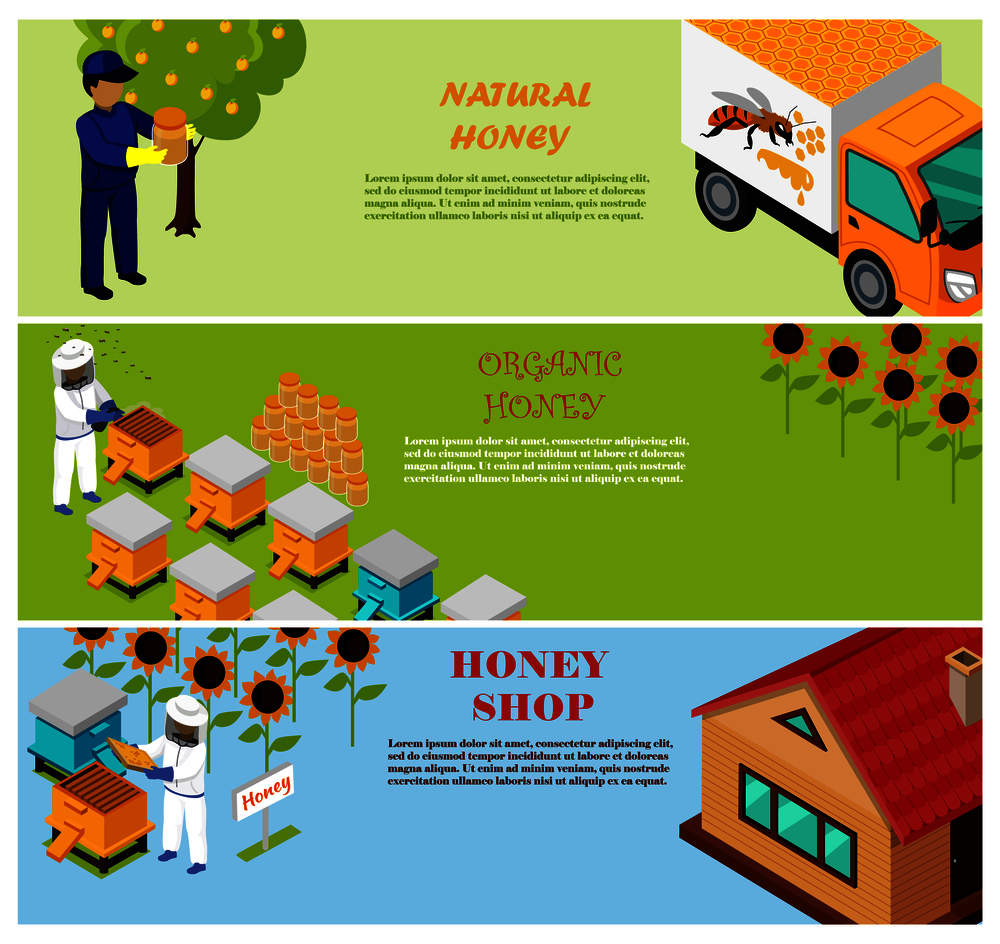 Natural, organic and shop honey vector poster of beekeepers on apiary near sunflowers or house, and male person holding jar near truck. Natural, Organic and Shop Honey Vector Poster