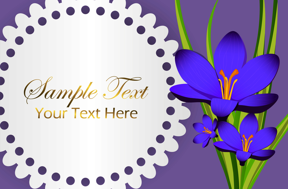 Cute congratulation postcard with violet crocus and circle with wave edge inside which you can place text vector illustration on purple background.. Cute Congratulation Postcard with Crocus Flower